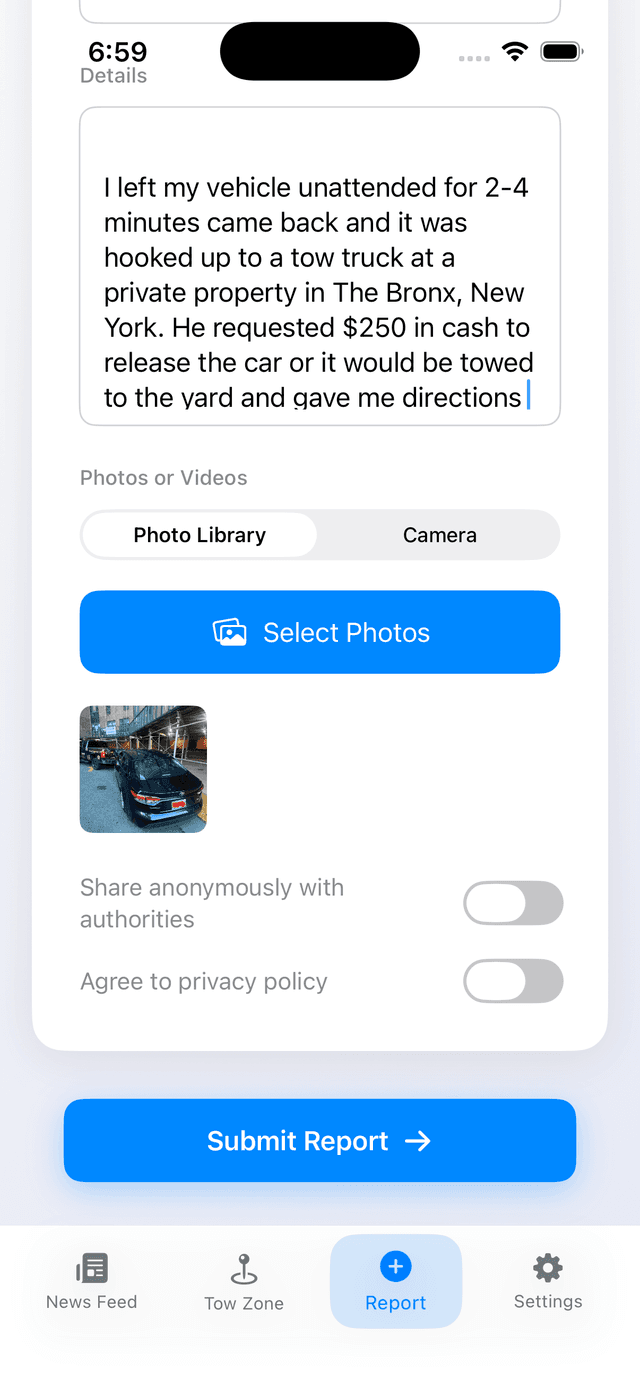Towly App - Recent Reports Screen